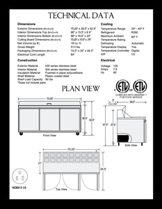 72" 3 Door Sandwich/Salad Prep Refrigerator